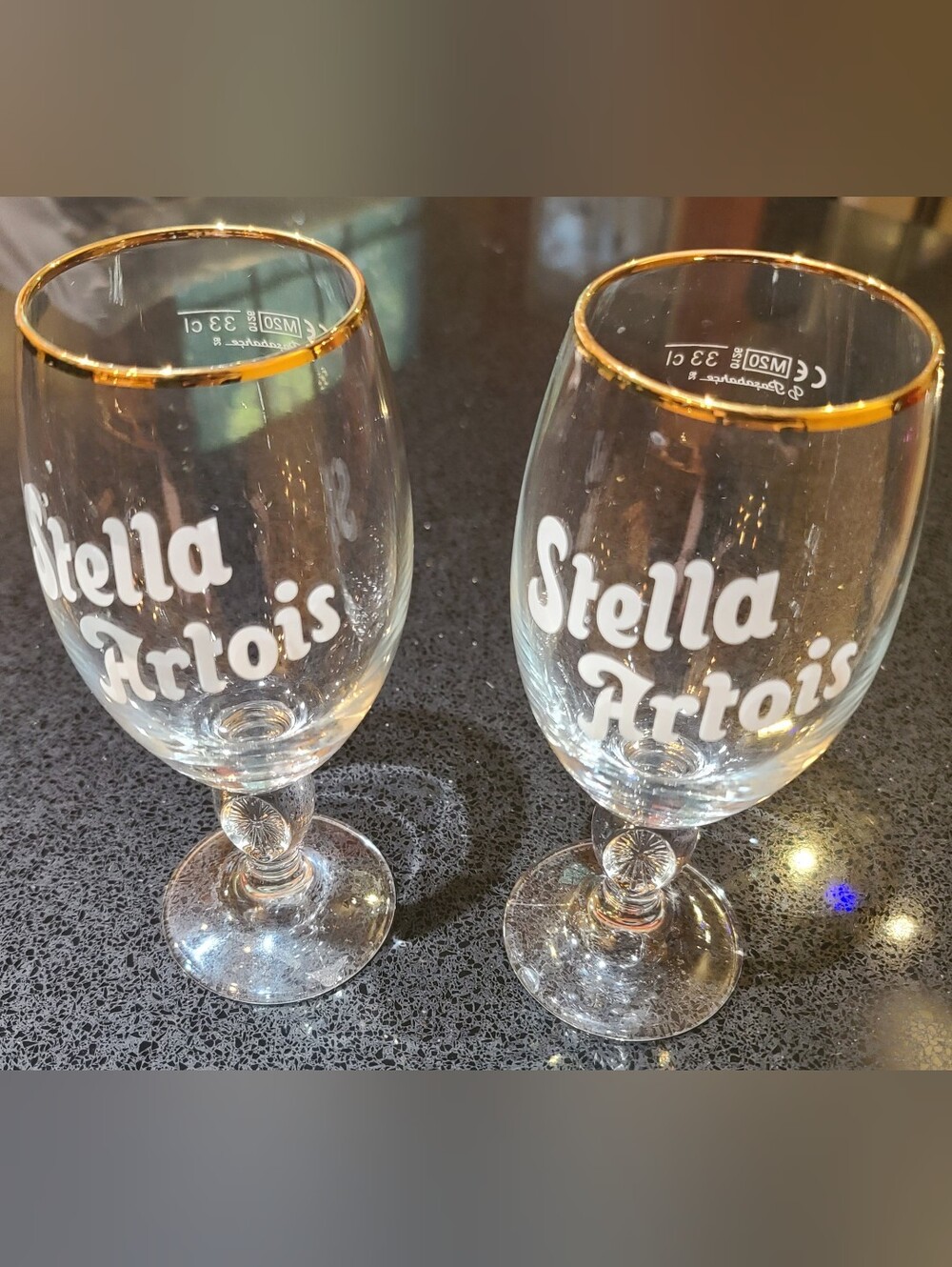 Stella Artois Set of 2 Stemmed Beer Glasses  33cl Clear Gold Rim Decorated